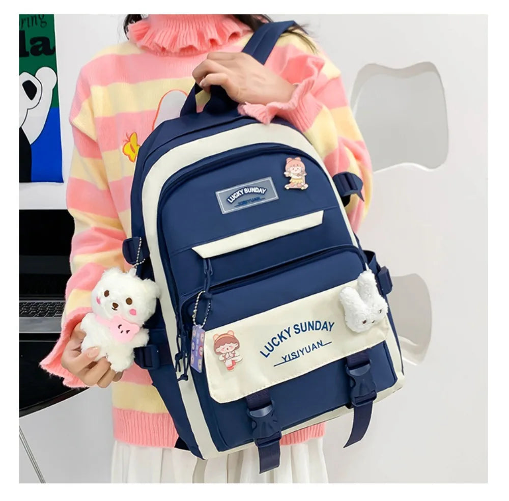 5 Pcs Cute Large Capacity Backpack Set Multifunctional Breathable Student Schoolbag Buckle Coin Purse School