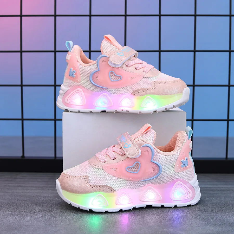 Tenis Girls' Shoe 2025 Summer New Kid Sneakers LED Luminous Shoes Sweet Heart-shaped Girl Sneaker Soft Sole Anti Slip Kid Shoes