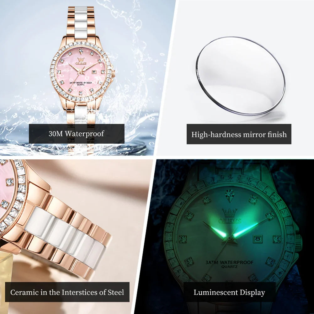 OLEVS New Luxury Ceramic Strap Quartz Watch Women Elegant Diamond Bezel Ladies Wristwatch Waterproof Date Watches Womens Reloj
