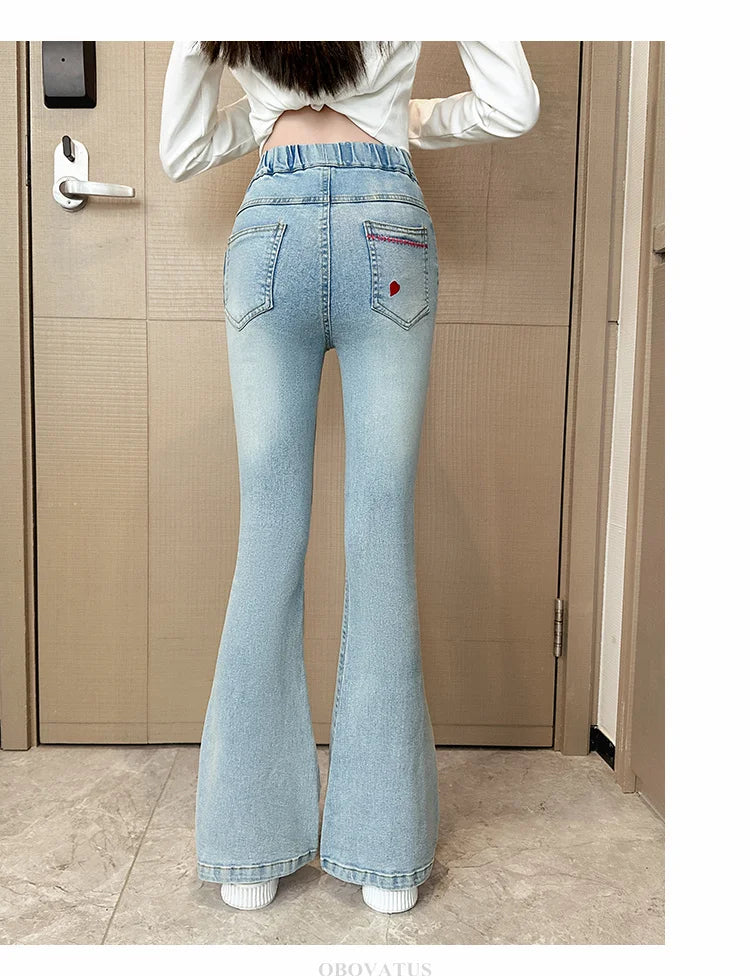 Child Slim Close-fitting Heart Pattern Flared Jeans For Girls Elegant Boot Cut Denim Leggings Pants Kids Fashion Jeans Trousers