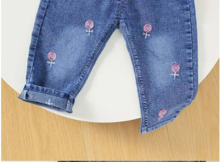 New children's denim pants girls' spring and autumn strawberry embroidery elastic versatile fashion pants 0-5 years old