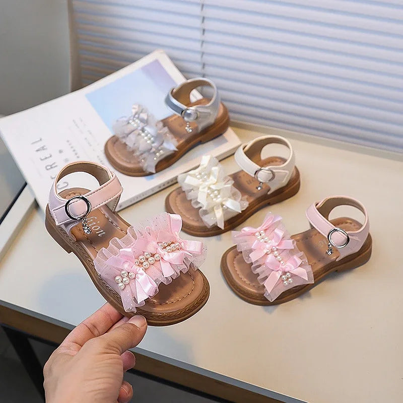 Summer Cute Lace Children's Sandals Soft Open-toe Wedding Sandals for Pretty Girls Non-slip Elegant Bowknot Kids Princess Shoes