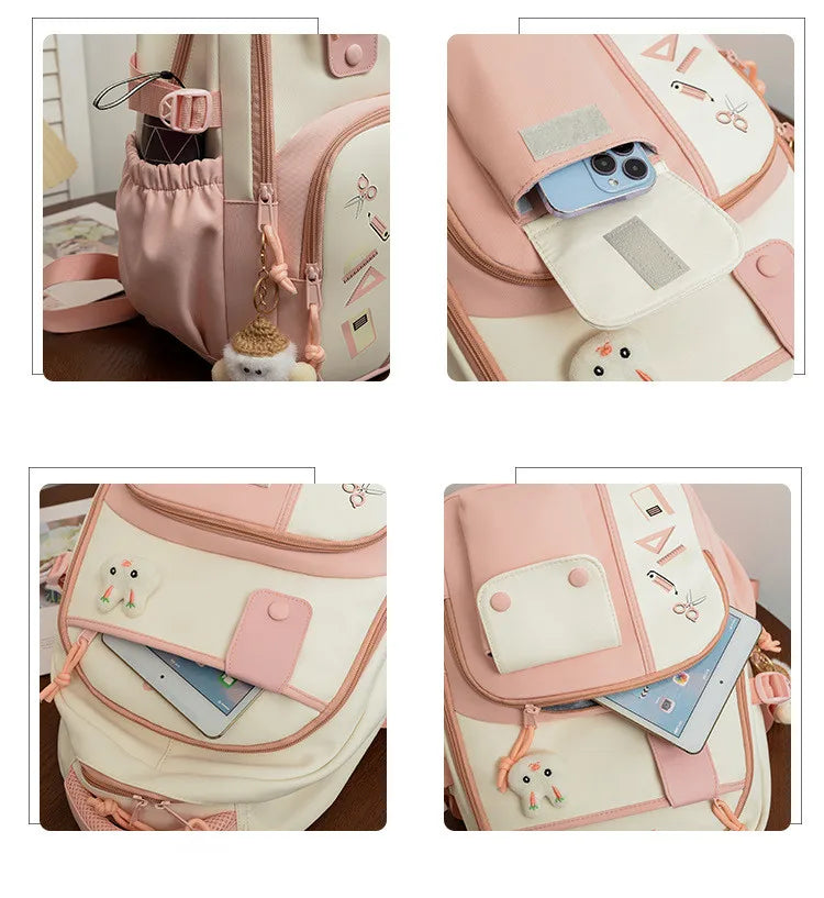 New cute rabbit children school backpack Fashionable splicing color contrast fresh lady knapsack kids schoolbags bring a doll