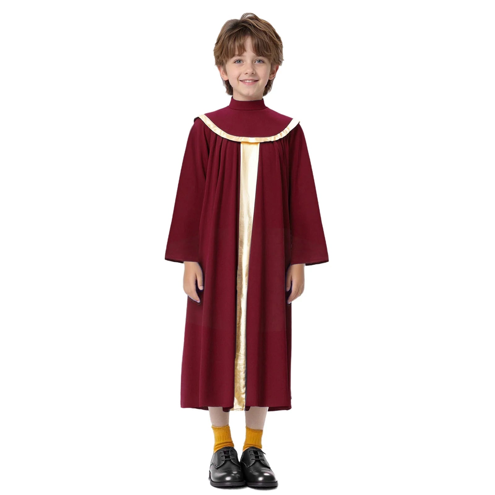 Boys Girls Choir Robe Liturgical Worship Praise Dance Costume Long Sleeve Metallic Color Block Patchwork Pleated Dress Grown