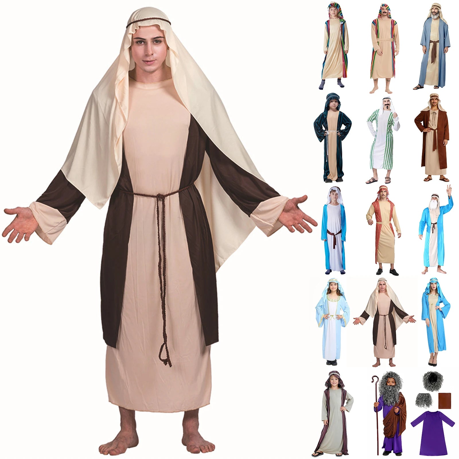 Boys Ethnic Gown Beige Rainbow Stage Clothing Striped Tunic Hooded Capelet Themed Cosplay Party 2026 Stylish Lively Outfit Abito