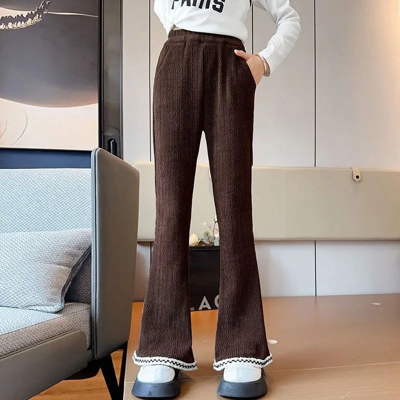 Girl's Autumn Winter New Mid-Weight Flared Jeans with Integrated Fleece-Lining, Stylish Casual Pants for Tween Girls