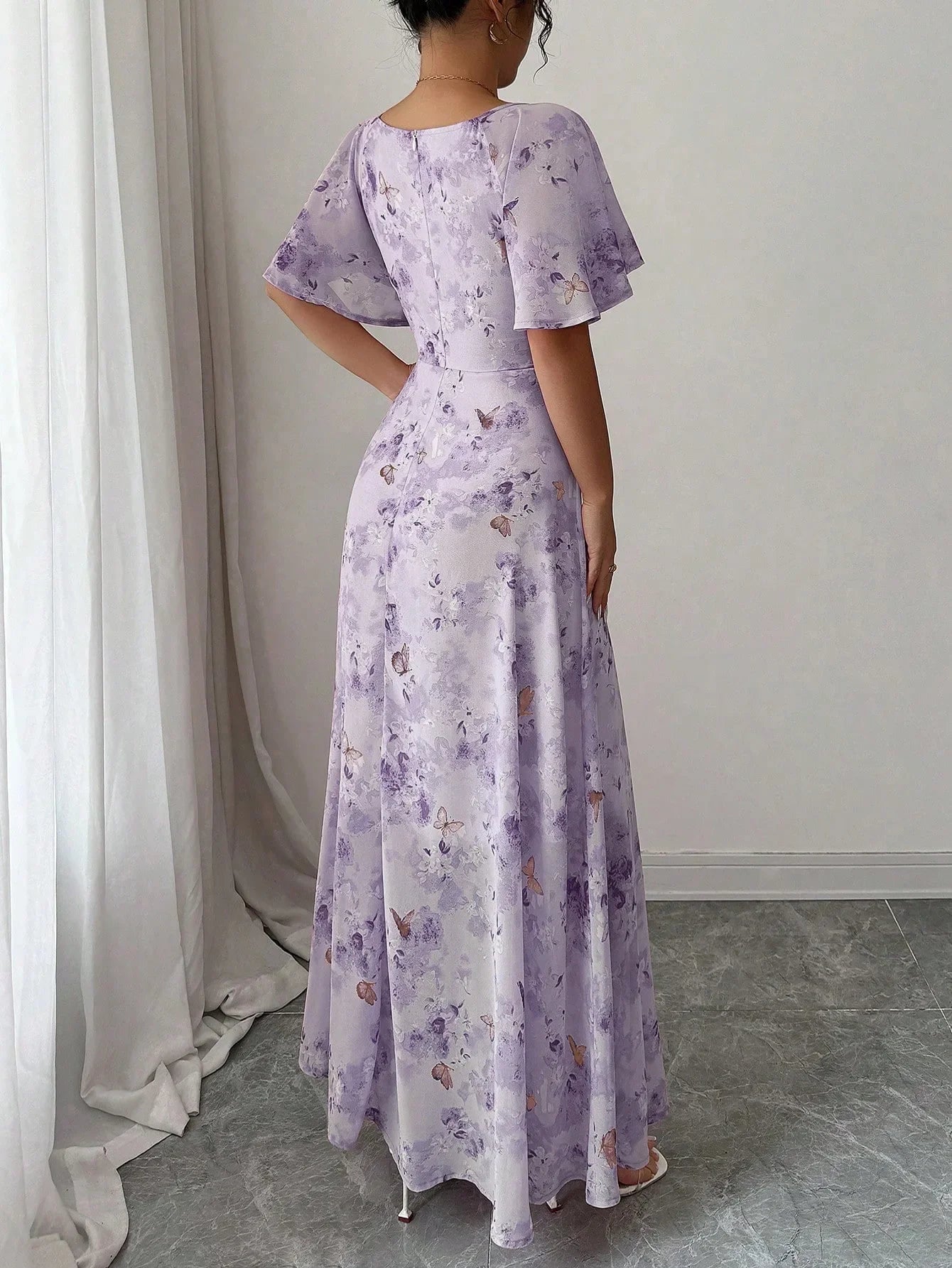 Fashionable Long Floral Print Dress Women's New Summer Slimming Age-Defying Dress Empire Waist Bubble Sleeve Knee-Length