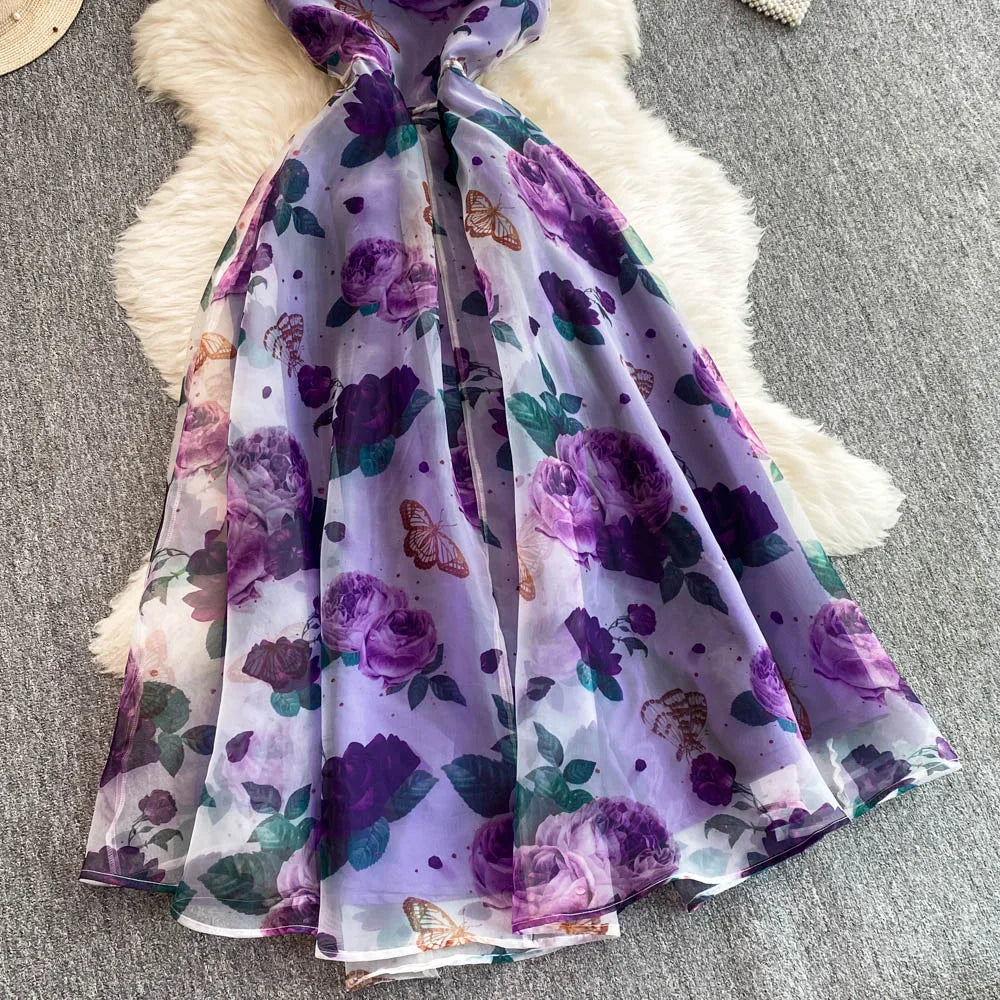 American Chic Maxi Dress for Women Floral Printed Skew Collar Sleeveless Female Dresses A-line Evening Club Vestidos Dropship
