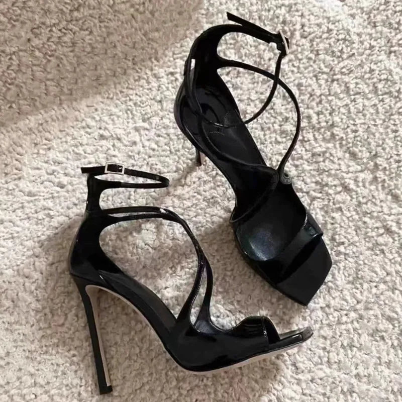 Fashion Patent Leather Peep toe Women Gladiator Sandals Sexy Narrow band Ankle Strap Gold Stiletto High heels Summer Party Shoes