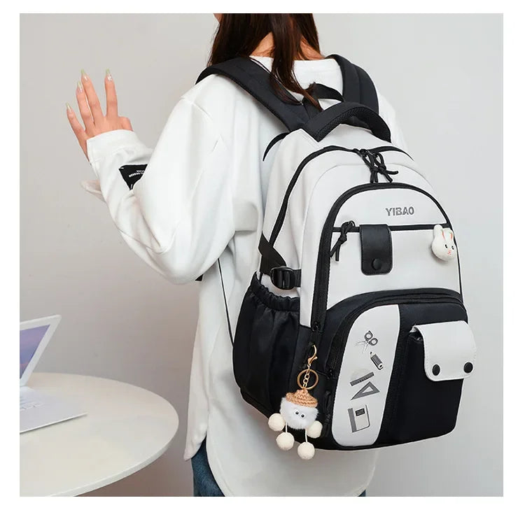 New cute rabbit children school backpack Fashionable splicing color contrast fresh lady knapsack kids schoolbags bring a doll
