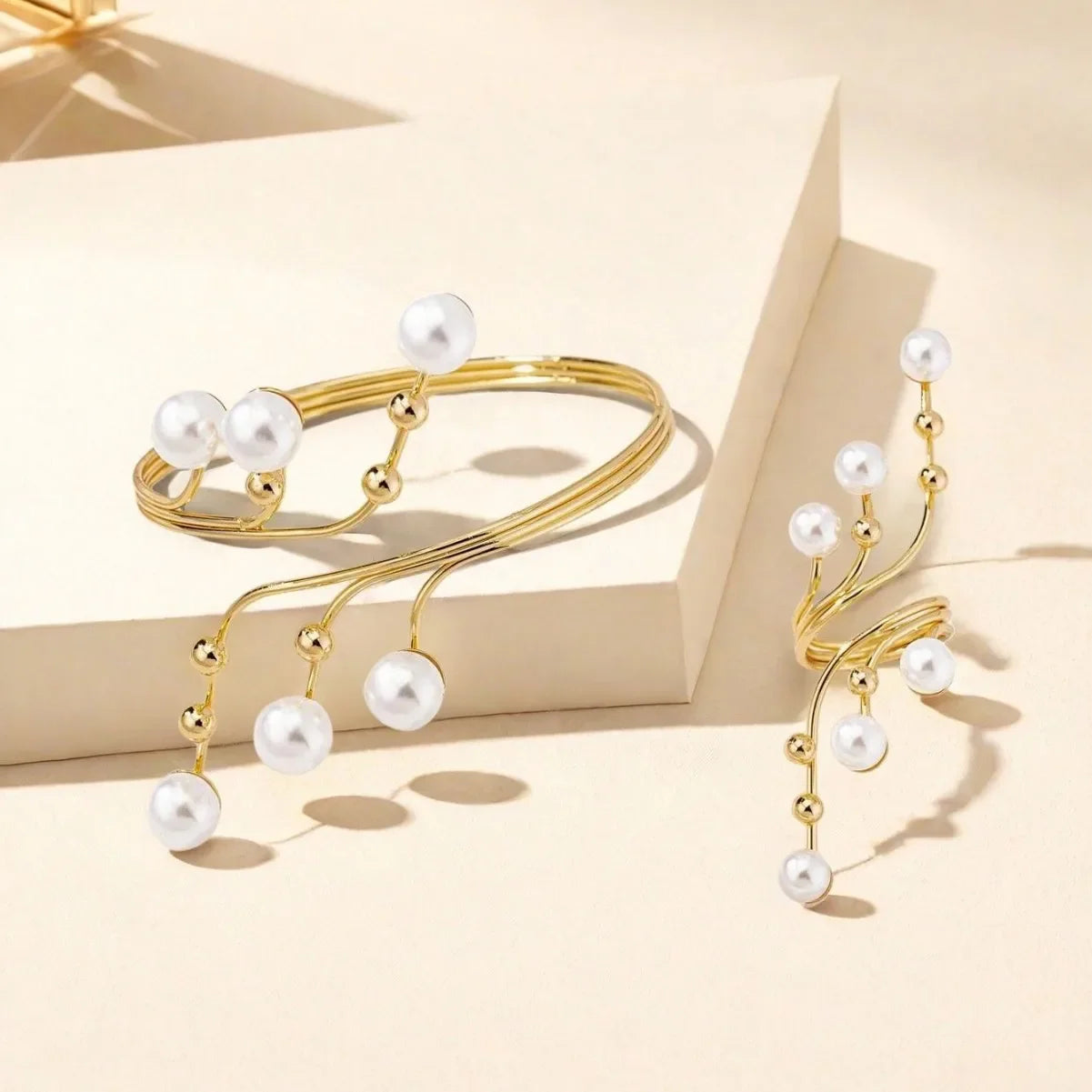 Simple Geometric Imitation Pearl Winding Line Ring Bracelet Set For Women Girls Exaggerated Personality Fashion Jewelry