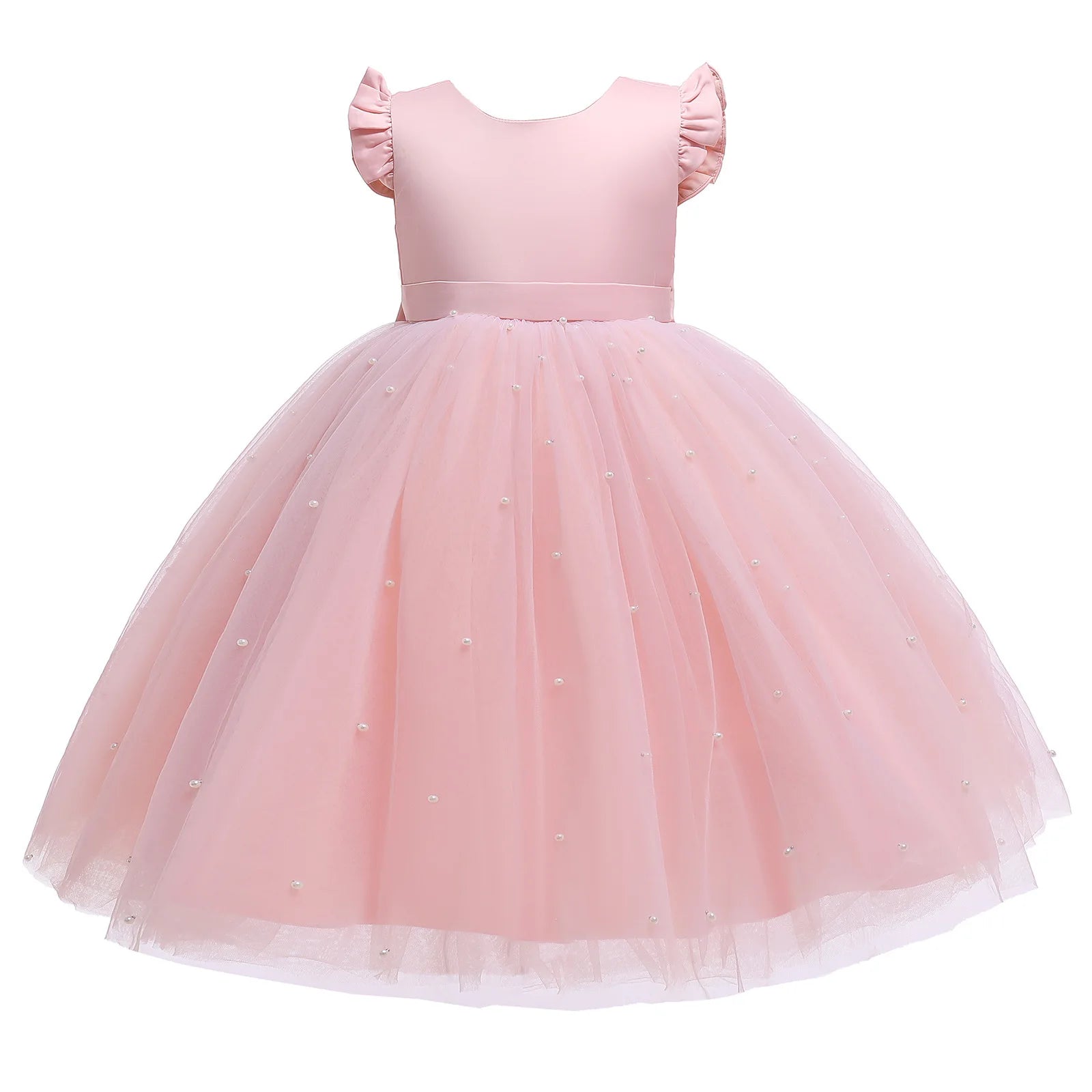 Baby Girl Party Dress Back Bow Elegant Flying Sleeve Mesh Tutu Dress with Pearl Solid Flower Girl Wedding Dress Birthday Gowns