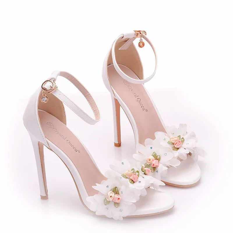 Large Size Sexy High Heel Sandals White Floral Stiletto Peep-toe Roman Sandals Women High Heel White