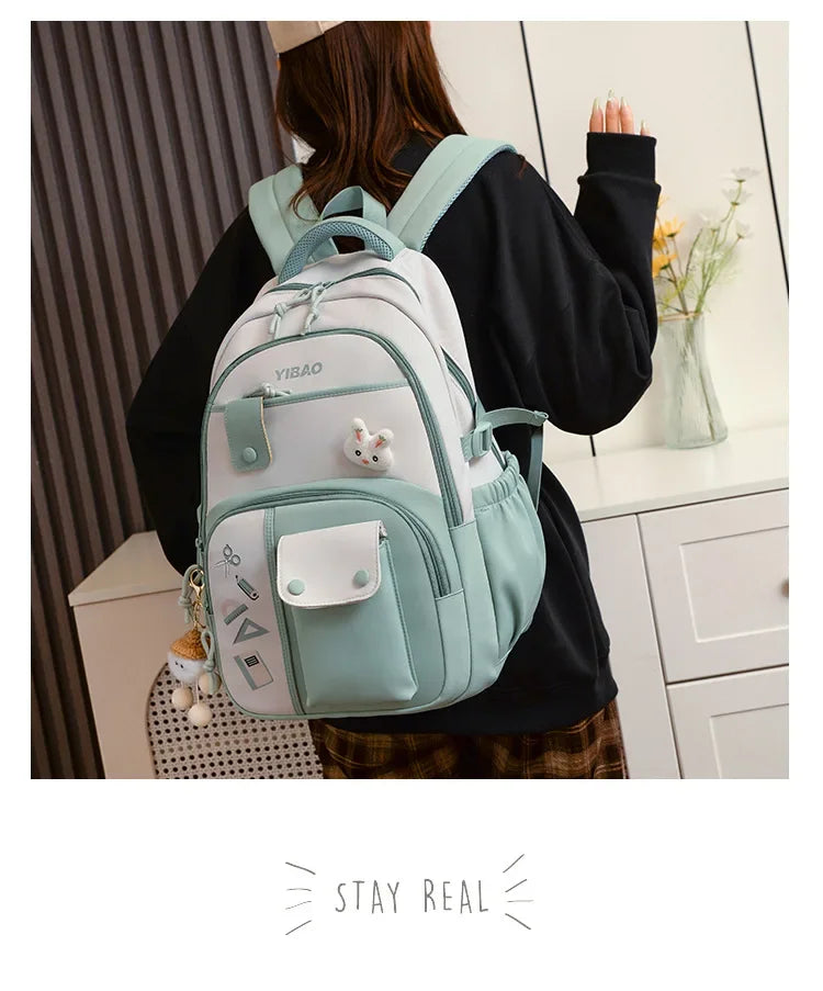 New cute rabbit children school backpack Fashionable splicing color contrast fresh lady knapsack kids schoolbags bring a doll