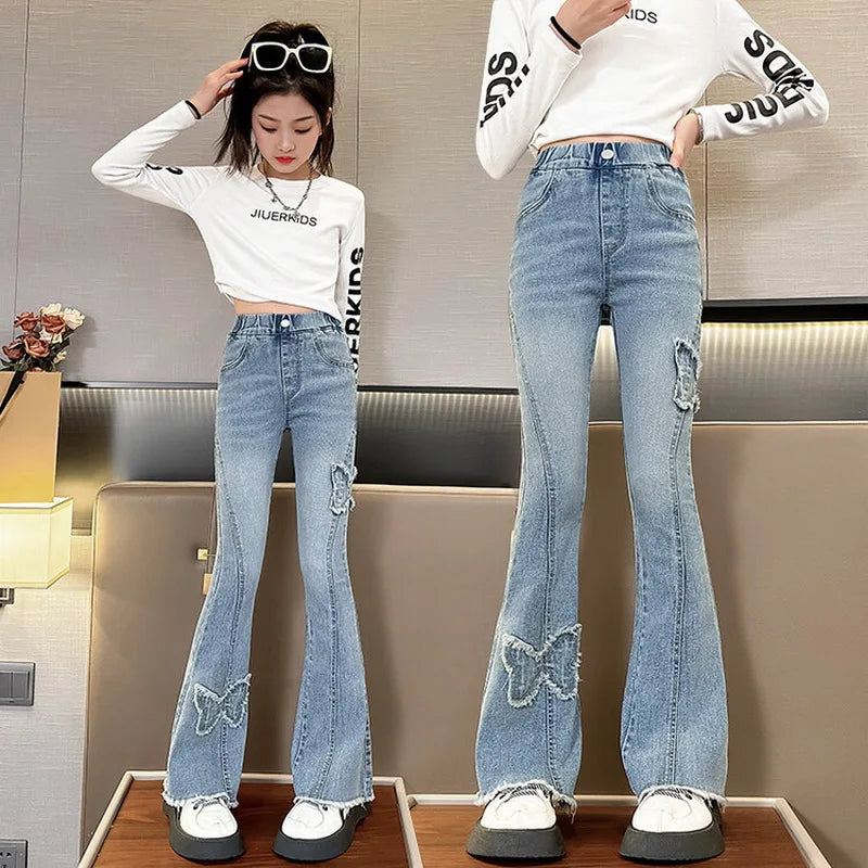 Fashion Jeans for Girls with Butterfly New Arrvial Kids Vintage Tight Denim Flare Pants 2024 Spring Autumn Teenage Slim Trousers