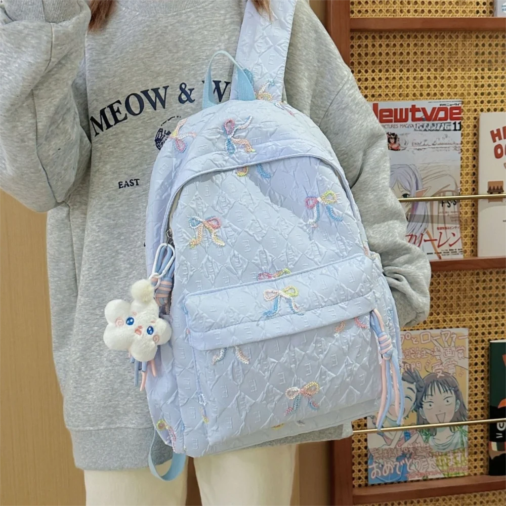 Fashion Embroidered Bow Backpack Nylon Large Capacity Students Schoolbag Multiple Pockets Wear-resistant Travel Rucksack