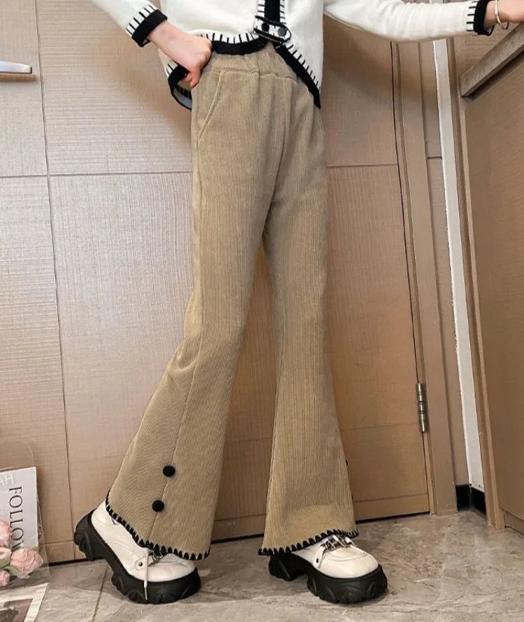Girl's Autumn Winter New Mid-Weight Flared Jeans with Integrated Fleece-Lining, Stylish Casual Pants for Tween Girls