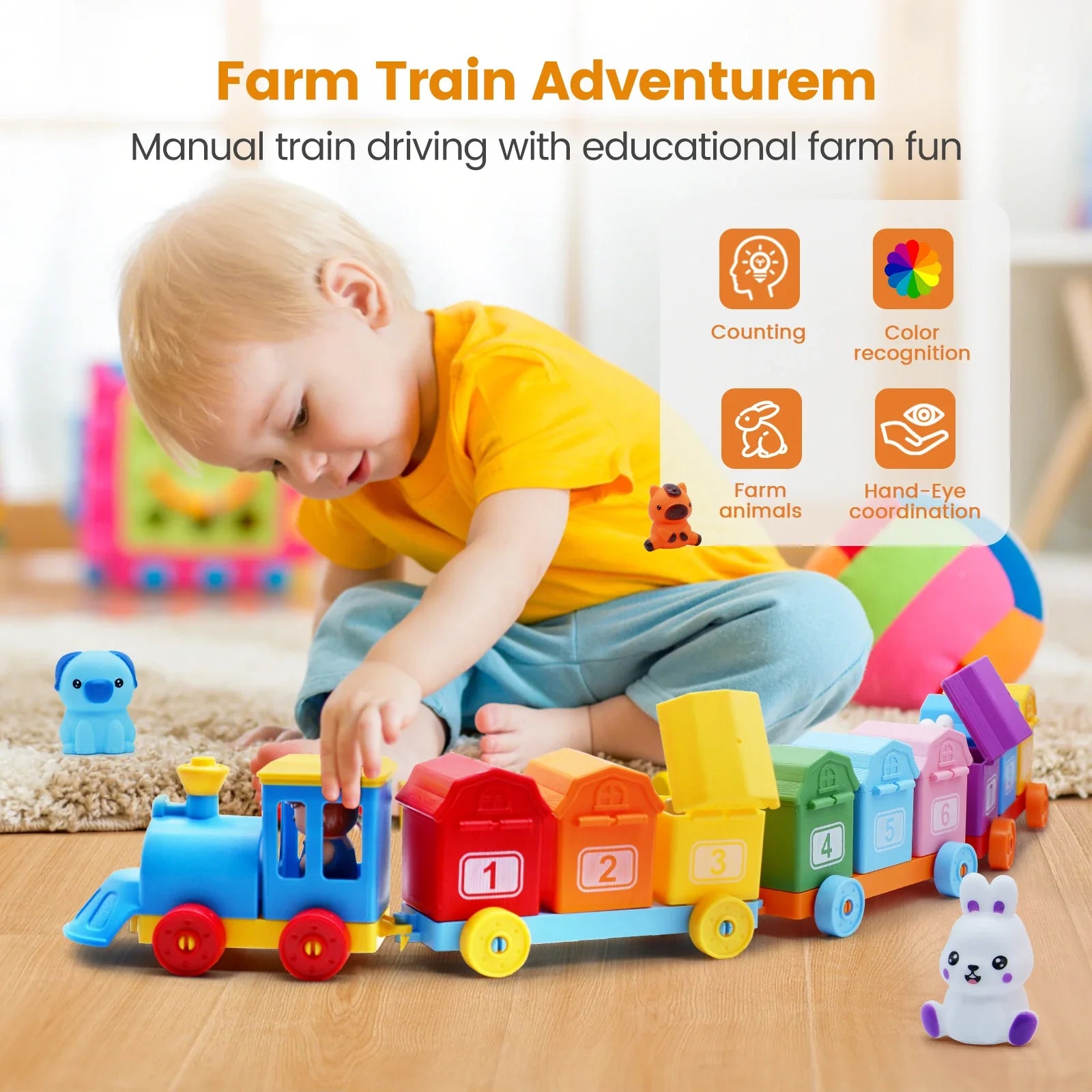 Montessori Farm Train/Surprise Party Set for Toddlers Learning Counting, Matching & Sorting Fine Motor Skills,Preschool Toy Gift