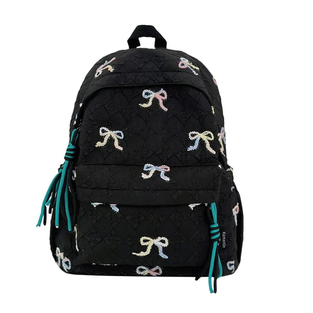 Fashion Embroidered Bow Backpack Nylon Large Capacity Students Schoolbag Multiple Pockets Wear-resistant Travel Rucksack