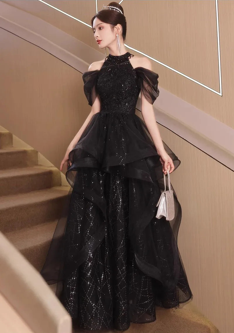 Evening Dresses Luxury 2026 Black Halter Evening Dress Corset Bodice Sequin Tulle Puffy Gown For Gala & Quinceanera