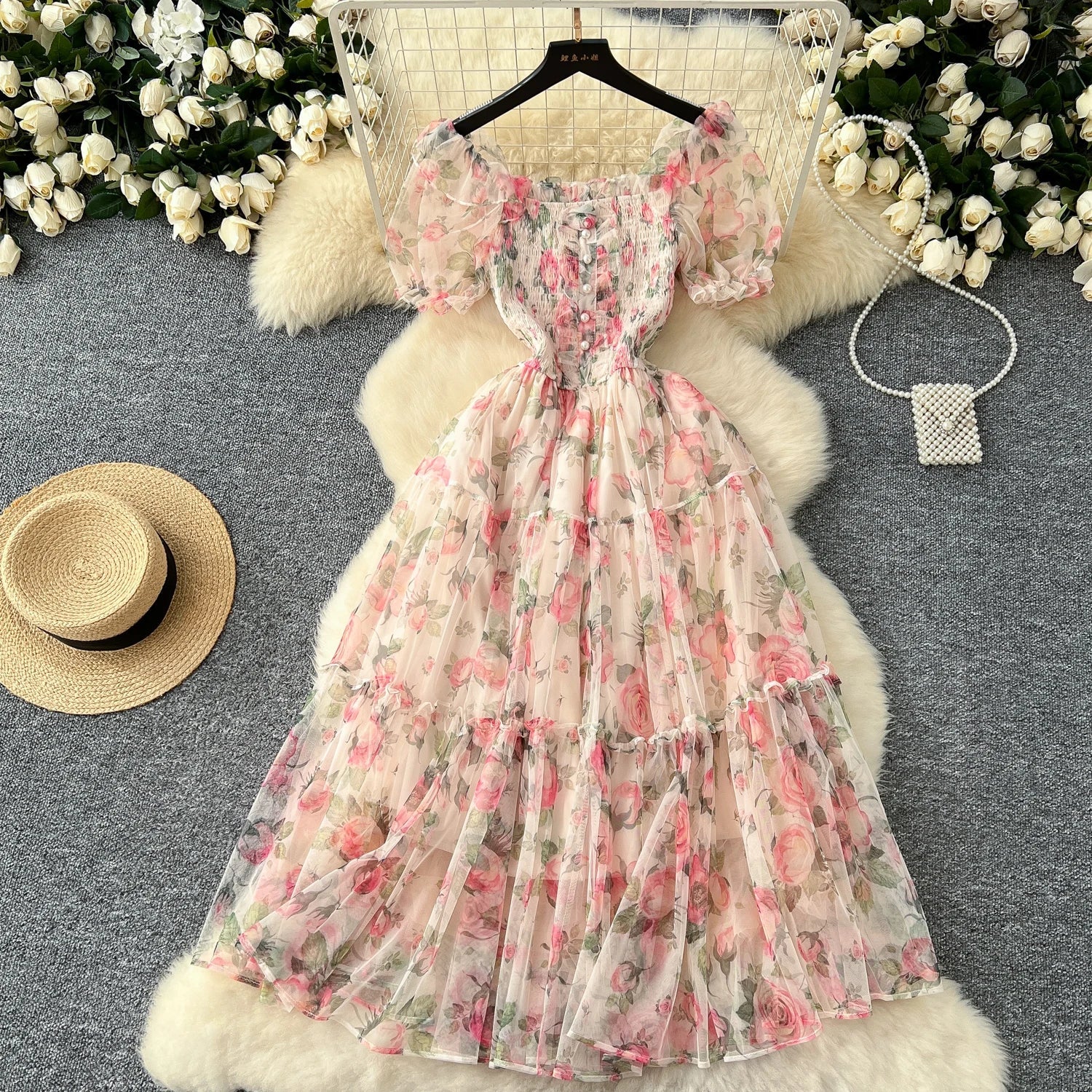 Retro Floral Chiffon Dr Women's Waist Cinched One oulder Bubble Sve Me Skirt Commute Korean Sle High Waist A-Line...