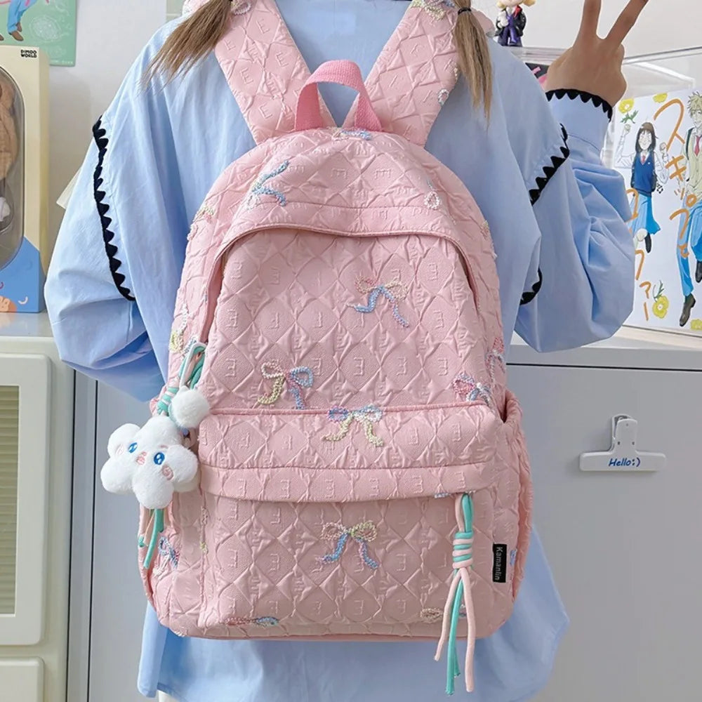 Fashion Embroidered Bow Backpack Nylon Large Capacity Students Schoolbag Multiple Pockets Wear-resistant Travel Rucksack