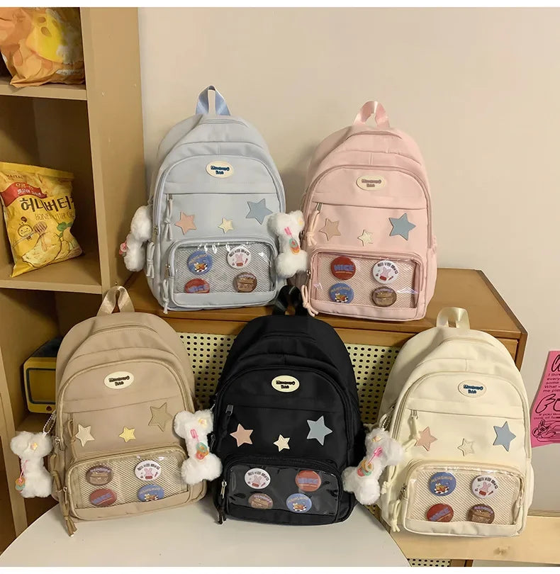 Casual Transparent Badge Large Capacity Commuter Backpack Suitable for Middle School Students Cute School Style Double Shoulder