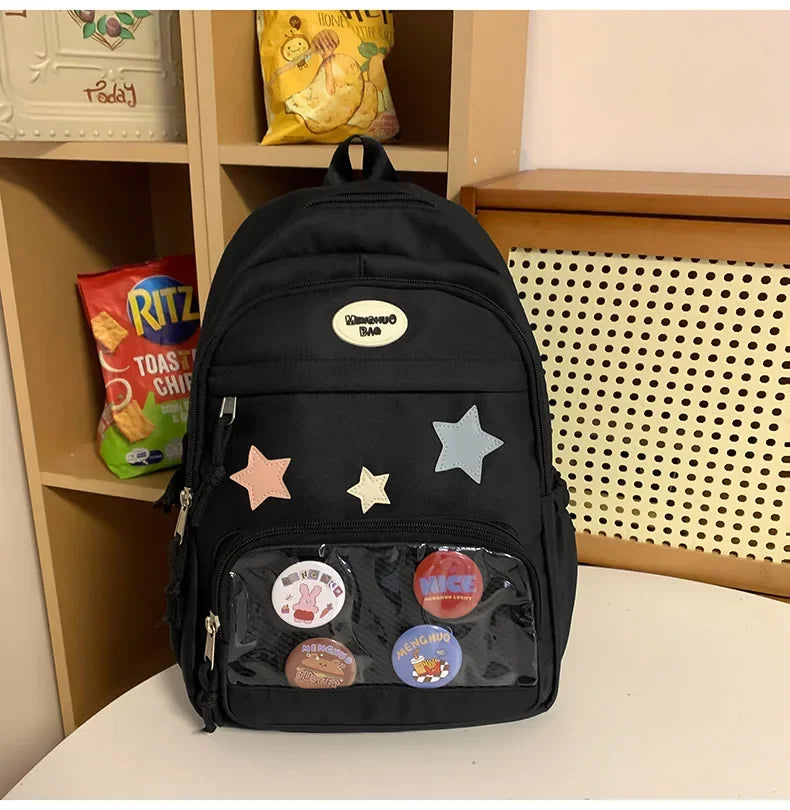 Casual Transparent Badge Large Capacity Commuter Backpack Suitable for Middle School Students Cute School Style Double Shoulder