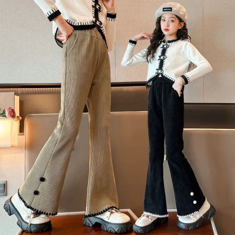 Girl's Autumn Winter New Mid-Weight Flared Jeans with Integrated Fleece-Lining, Stylish Casual Pants for Tween Girls