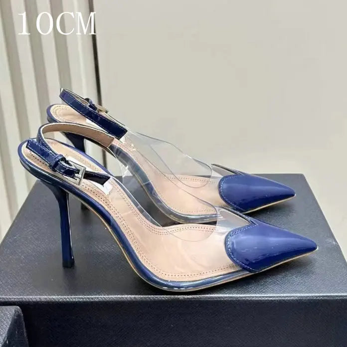 2025 New Pointy Peach Heart Fine Heel Shoes Sexy Pvc Transparent Film Black Patent Leather High Heel Overhead Sandals