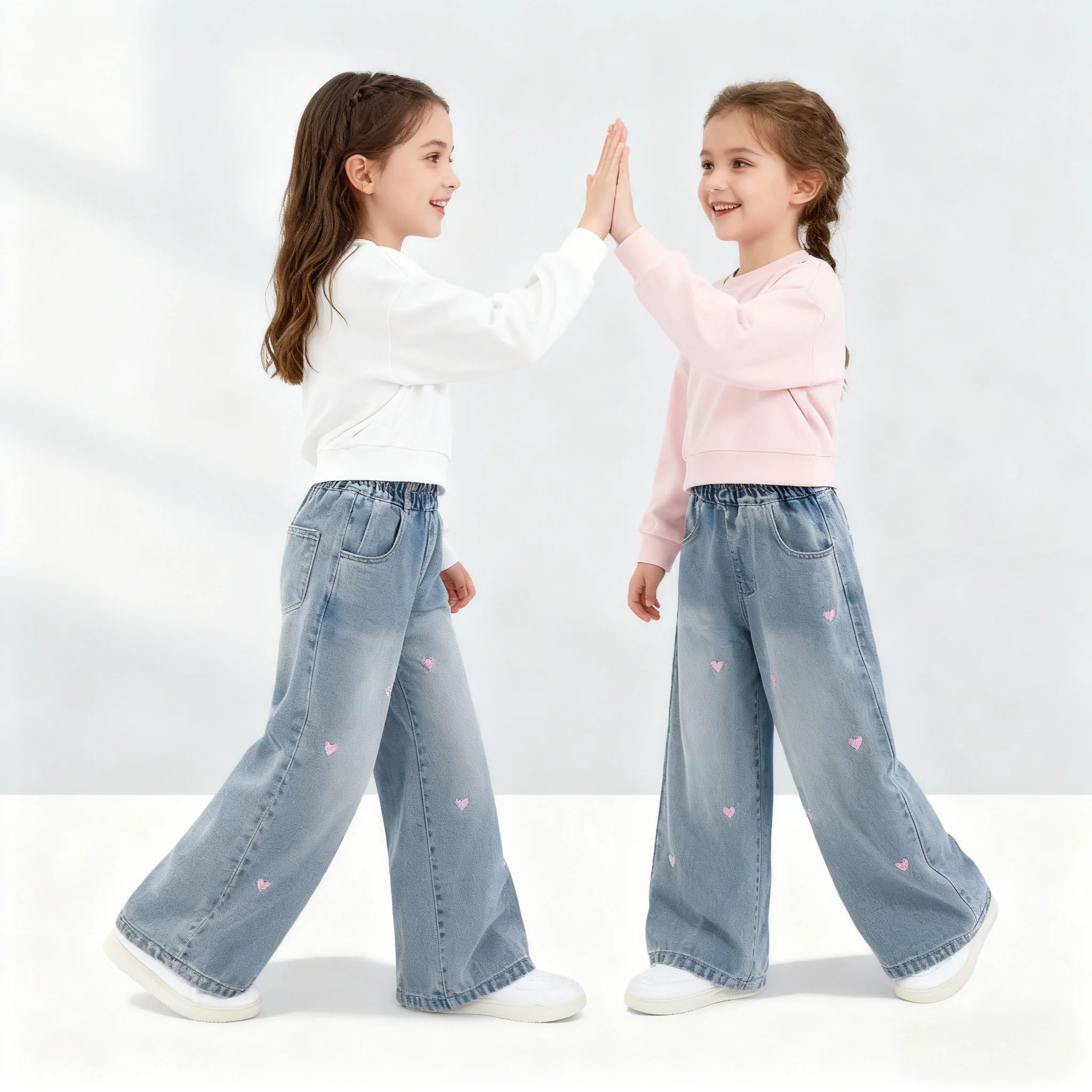 Girls Bootcut Jeans Kids Straight Denim Pants With Heart Embroidery Decoration Children Spring Autumn Stylish Durable Trousers