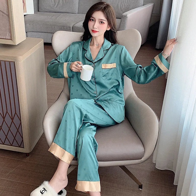 Top Autumn New Ice Silk Women Pajama Lapel Button Cardigan Outfits for Women 2 Piece Set Fashion Printing Set Clothes for Women