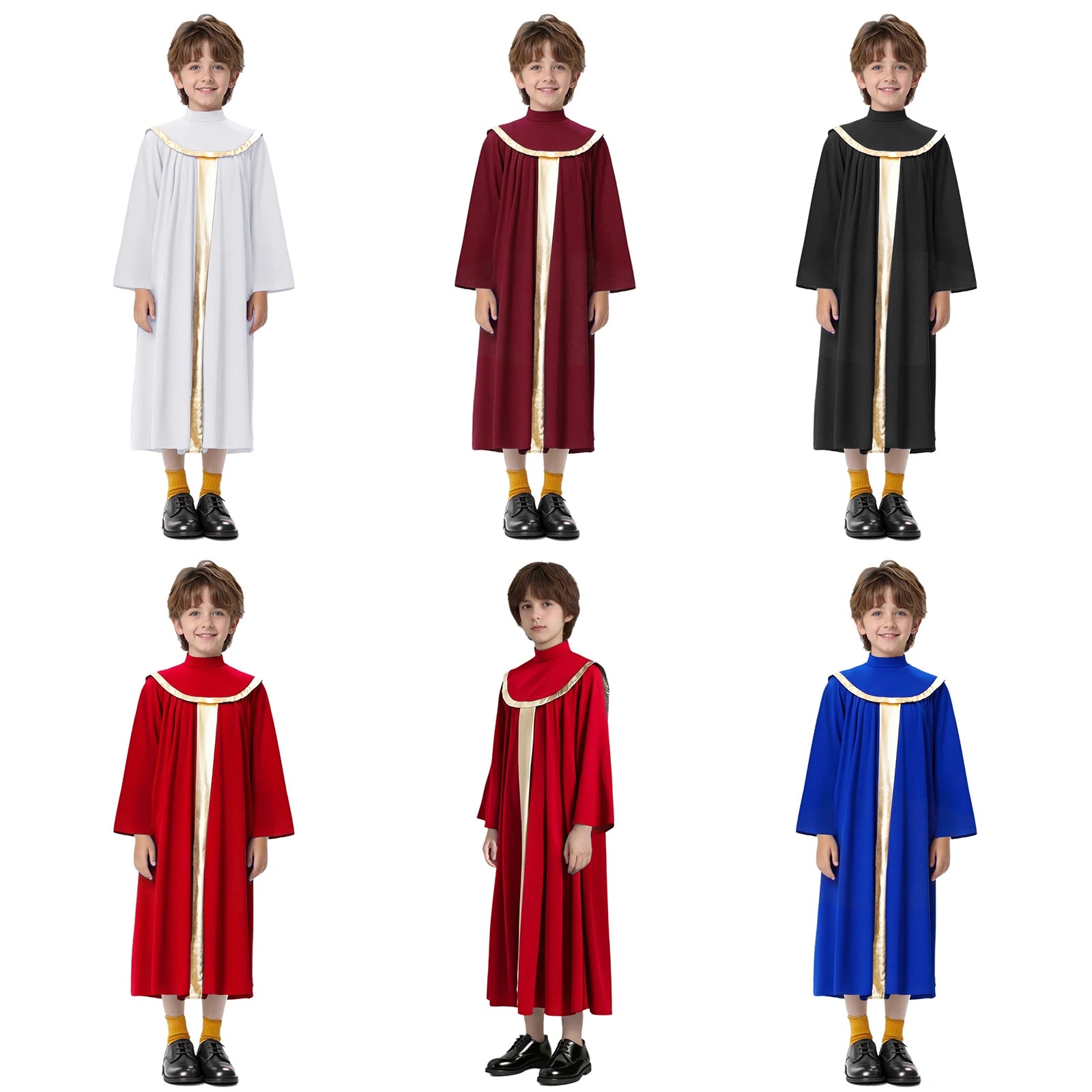 Boys Girls Choir Robe Liturgical Worship Praise Dance Costume Long Sleeve Metallic Color Block Patchwork Pleated Dress Grown