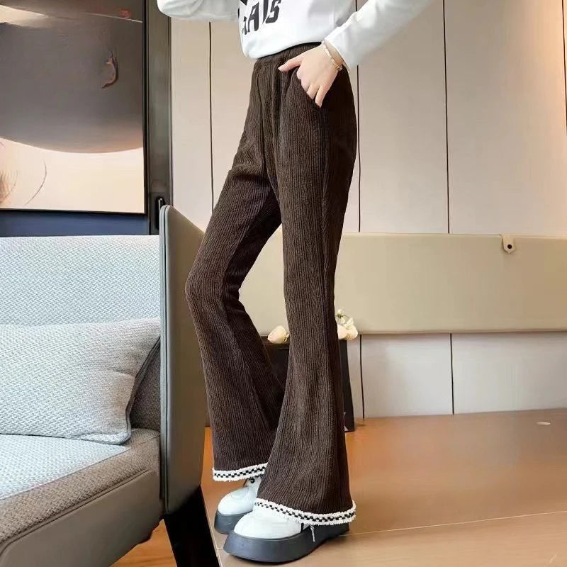Girl's Autumn Winter New Mid-Weight Flared Jeans with Integrated Fleece-Lining, Stylish Casual Pants for Tween Girls
