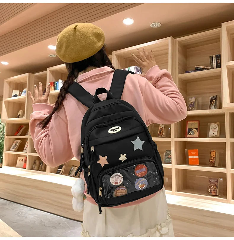 Casual Transparent Badge Large Capacity Commuter Backpack Suitable for Middle School Students Cute School Style Double Shoulder