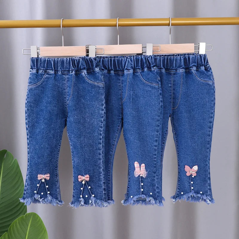 Children's Jeans 2024 New Spring and Autumn Girls Cartoon Elastic Horn Jeans Baby Fashion Pants 0-5 Years Old