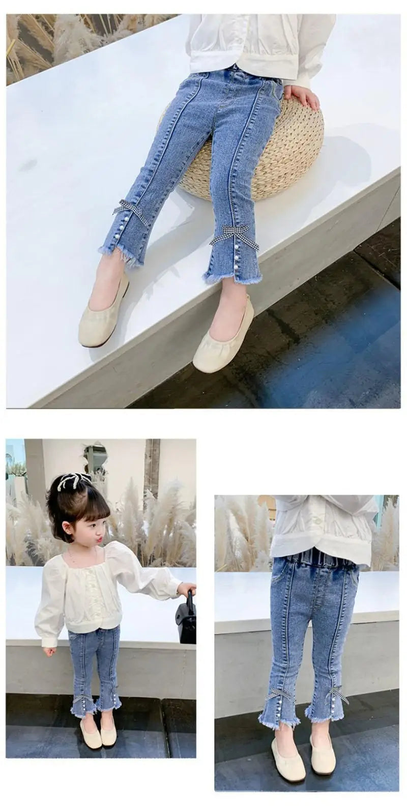 New Spring Kids Jeans Children Cute Bow Lace Denim Blue Pants Girls Embroidered Daisy Trousers