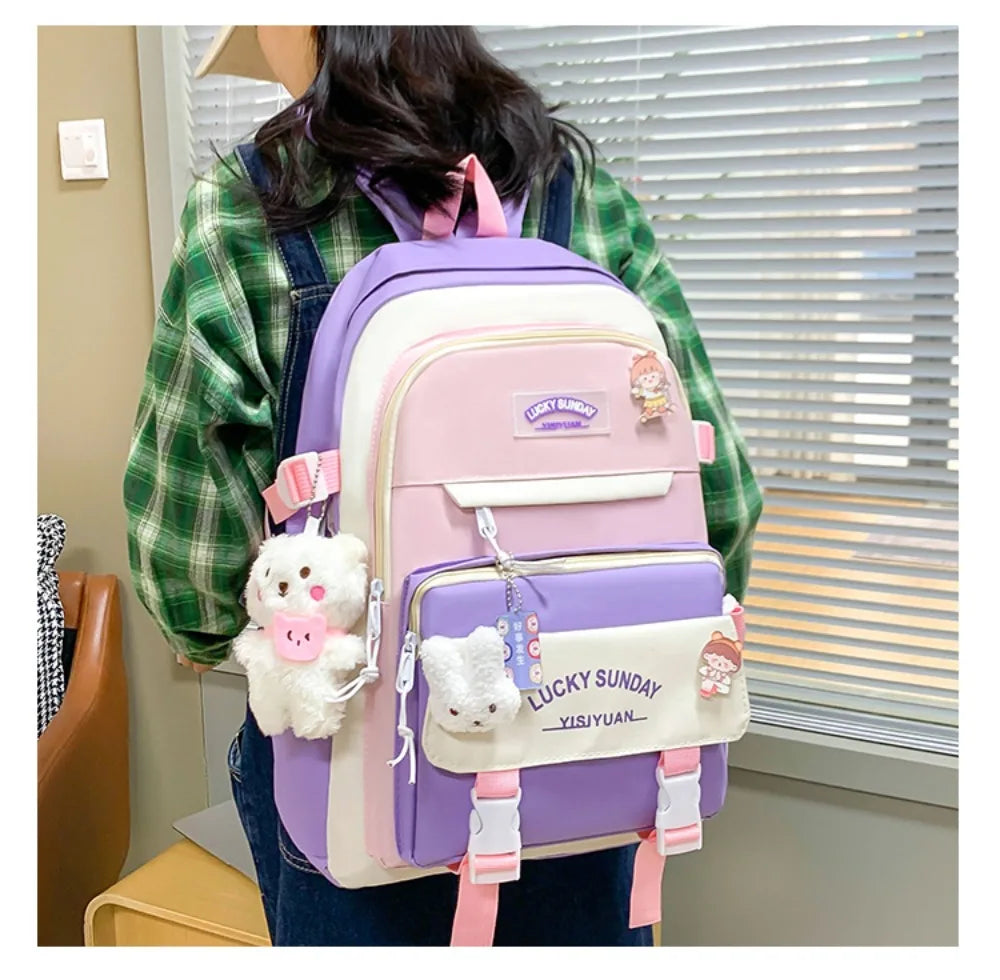 5 Pcs Cute Large Capacity Backpack Set Multifunctional Breathable Student Schoolbag Buckle Coin Purse School
