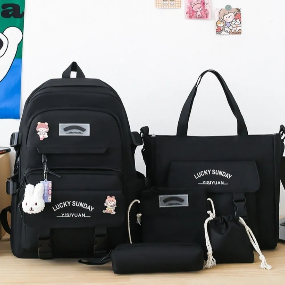 5 Pcs Cute Large Capacity Backpack Set Multifunctional Breathable Student Schoolbag Buckle Coin Purse School