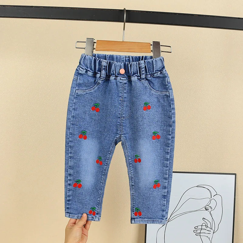 New children's denim pants girls' spring and autumn strawberry embroidery elastic versatile fashion pants 0-5 years old