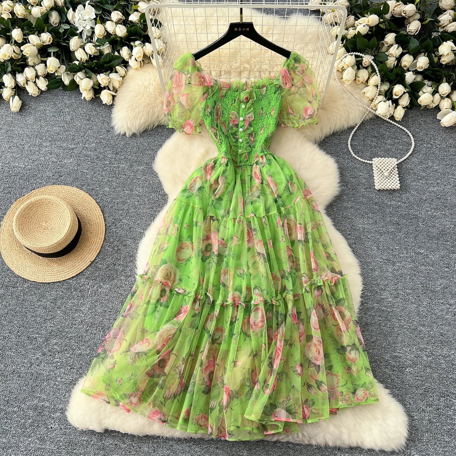 Retro Floral Chiffon Dr Women's Waist Cinched One oulder Bubble Sve Me Skirt Commute Korean Sle High Waist A-Line...