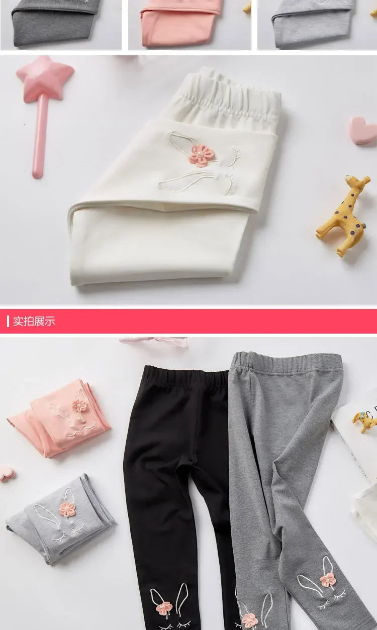 Bunny Embroidered Floral Leggings for Girls (2-7 Years) - Soft Stretchy Kids' Pants Cute Comfortable LeggingsToddlers & Children