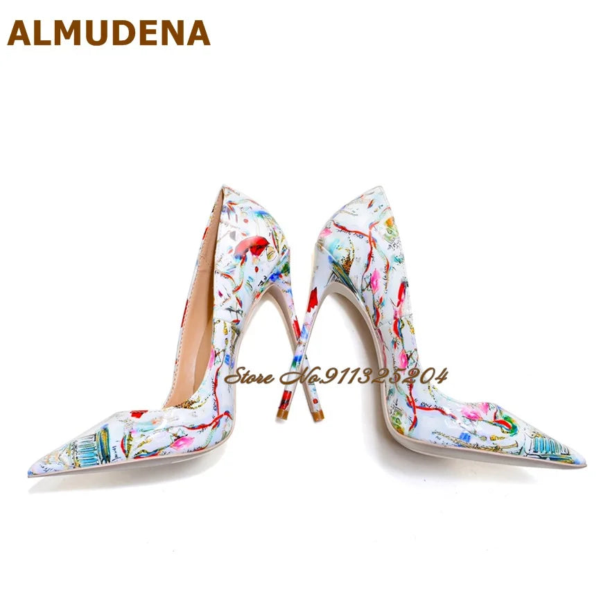 ALMUDENA White Patent Leather Eiffel Tower Red Lips Printed Wedding Shoes 12cm Sky High Heel Pointed Toe Slip-On Banquet Pumps
