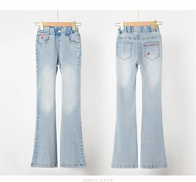 Child Slim Close-fitting Heart Pattern Flared Jeans For Girls Elegant Boot Cut Denim Leggings Pants Kids Fashion Jeans Trousers