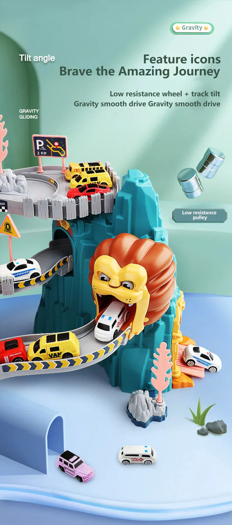Lion Theme Car Track For Children Diecasts Holiday Gifts Birthday Hot Wheels Kids Educational Race Toys Racing Rail Cars
