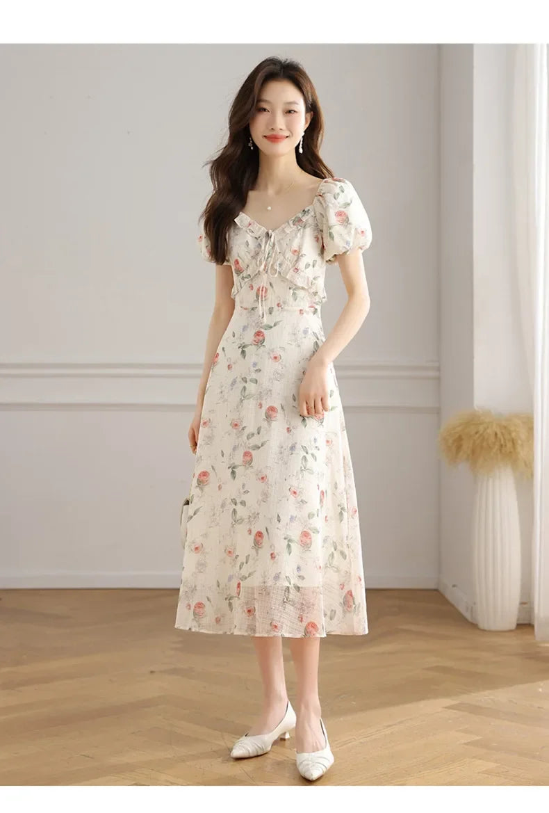 Elegant Summer Dress with Bubble Sleeves And Bellflower Pattern Slimming Empire Waist Knee-Length Polyester Fiber Short Sleeve