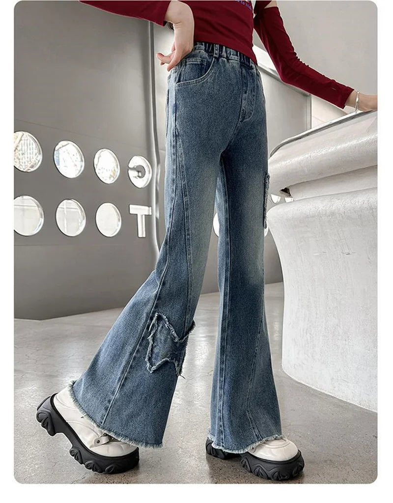 2025 Girls Wide Leg Jeans Loose Pants Spring Autumn Teen Casual Trousers Kids Fashion Straight Denim Long Pants Children Clothes