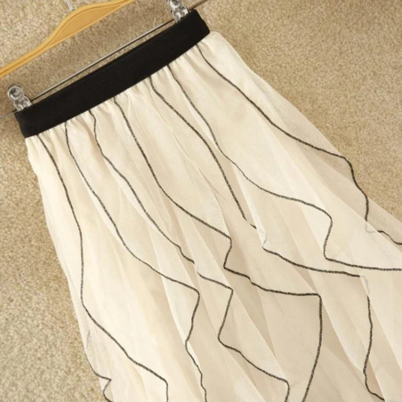 Women's Elegant Wave Pattern Fairy Mesh Ruffle Skirt High Waist A-Line Large Swing Long Skirt Half Body Skirts Ropa Para Mujer
