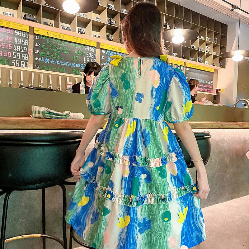 Summer Dress Girl Korean Style Sweet Floral Print Casual Kids Ruched Dresses Toddler Girls Clothes 4 5 6 7 8 9 10 12 14 Year Old