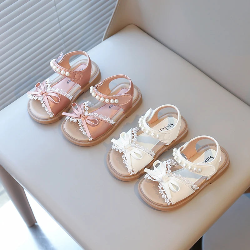 Summer Girl's Princess Shoes Lace Bowtie Open Toe Pearl Sweet Kid's Flat Shoe Solid Colors Anti-slip Chic Daily Children Shoe